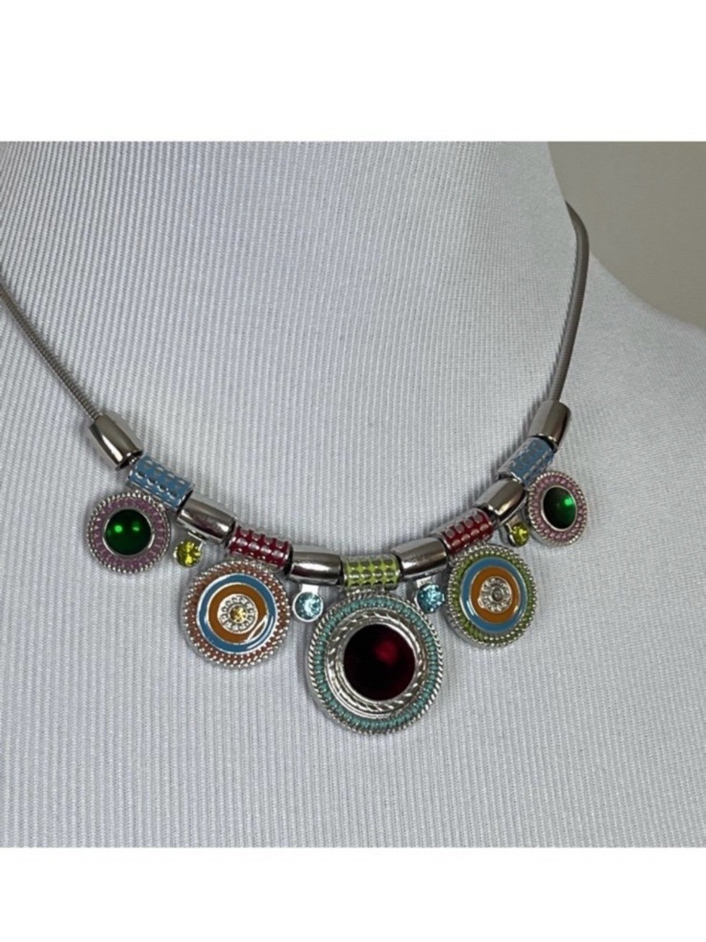 Boho Silver Tone Colorful Crystal Enamel Multi Pendant Necklace - Picture 4 of 9
